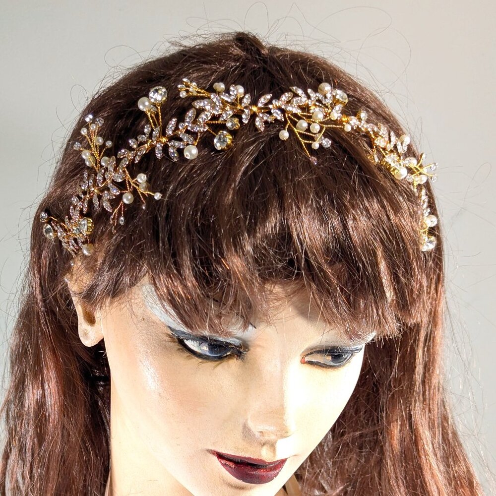 Summer Goddess bridal headband, wedding accessory hairstyle gold pearl crystals